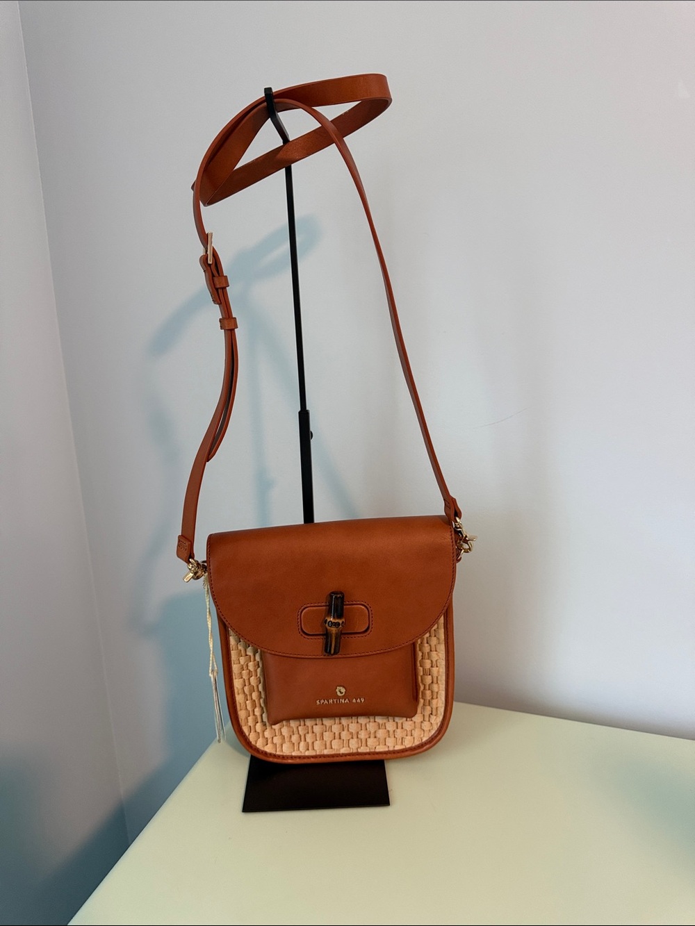 Spartina 449 Tan Leather & Woven Crossbody with Bamboo Accent